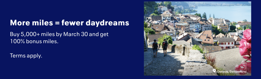 The image is a promotional advertisement. On the left side, there is text on a dark blue background that reads: "More miles = fewer daydreams. Buy 5,000+ miles by March 30 and get 100% bonus miles. Terms apply." On the right side, there is a scenic photograph of Geneva, Switzerland, showing a cobblestone path with two people walking, surrounded by buildings with a lake in the background. Pink flowers are visible in the foreground.