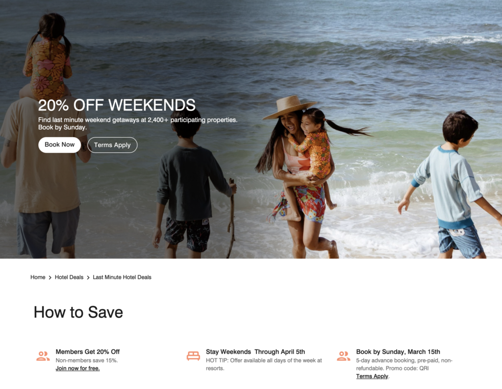 A family is enjoying a day at the beach. A man carries a child on his shoulders, while a woman in a hat holds another child. The ocean waves are in the background. Text overlay offers a 20% discount on weekend getaways, with options to book now or view terms. Below, there are details on how to save, including member discounts and booking tips.