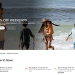 A family is enjoying a day at the beach. A man carries a child on his shoulders, while a woman in a hat holds another child. The ocean waves are in the background. Text overlay offers a 20% discount on weekend getaways, with options to book now or view terms. Below, there are details on how to save, including member discounts and booking tips.