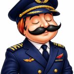 This image is a cartoon illustration of a pilot wearing a blue uniform with gold accents. The pilot has a large mustache and is wearing a cap with a gold emblem featuring a bird and laurel leaves. The uniform has gold buttons and stripes on the sleeves, and there is a badge with a red bird on the chest. The pilot's eyes are closed, and their hands are in their pockets.
