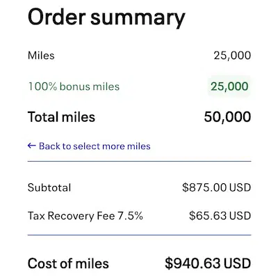 The image is an order summary for purchasing miles. It shows 25,000 miles purchased with a 100% bonus of 25,000 miles, totaling 50,000 miles. The subtotal is $875.00 USD, with a tax recovery fee of 7.5% amounting to $65.63 USD. The total cost of the miles is $940.63 USD. There is also a link to go back to select more miles.