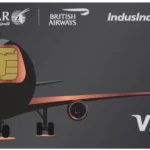 The image features a stylized graphic of an airplane with a large chip on its body, resembling a credit card chip. Above the airplane, logos for Qatar Airways, British Airways, and IndusInd Bank are displayed. To the right, there is a contactless payment symbol and the Visa Infinite logo. The background is a dark gray color.