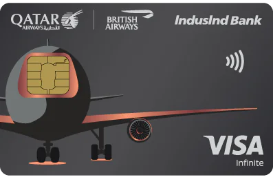 The image features a stylized graphic of an airplane with a large chip on its body, resembling a credit card chip. Above the airplane, logos for Qatar Airways, British Airways, and IndusInd Bank are displayed. To the right, there is a contactless payment symbol and the Visa Infinite logo. The background is a dark gray color.