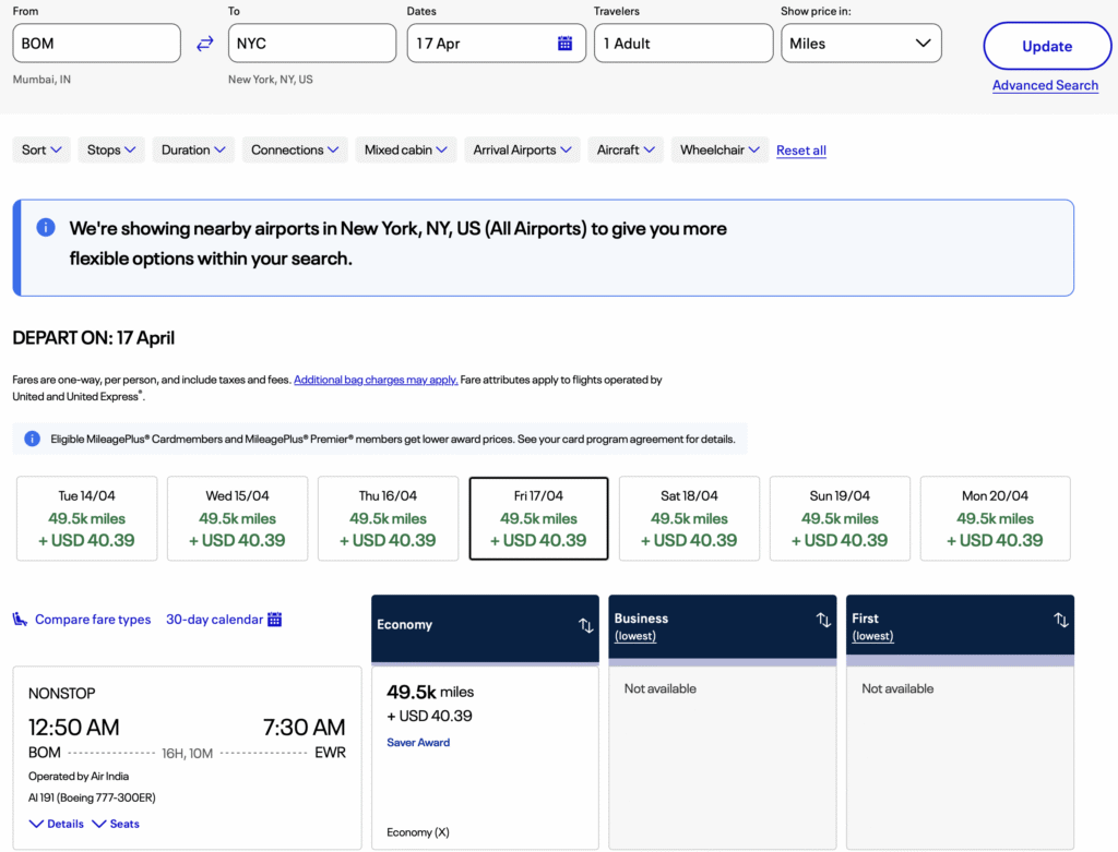 The image is a screenshot of a flight booking page. It shows a search for flights from Mumbai (BOM) to New York (NYC) on April 17th for one adult, with prices displayed in miles. The page includes options to sort and filter results by stops, duration, connections, mixed cabin, arrival airports, aircraft, and wheelchair accessibility. A notification indicates nearby airports in New York are included in the search. The results show a nonstop flight operated by Air India, departing at 12:50 AM and arriving at 7:30 AM at EWR, with a duration of 16 hours and 10 minutes. The economy class fare is 49.5k miles plus USD 40.39, while business and first class are not available. There are options to compare fare types and view a 30-day calendar.