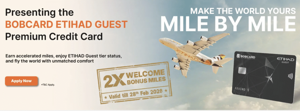 The image is an advertisement for the "BOBCARD Etihad Guest Premium Credit Card." It features a large airplane with the Etihad logo flying in the sky. To the right, there is an image of the credit card. The text highlights benefits such as earning accelerated miles, enjoying Etihad Guest tier status, and flying with comfort. There is a promotion for "2X Welcome Bonus Miles" valid until February 28, 2026. An "Apply Now" button is also visible.