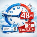 The image features a large clock with blue and red arrows, indicating a 48-hour period. An airplane is flying across the clock, symbolizing air travel. Below the clock, there is an air ticket and a calendar with a red "X" mark. The word "CANCELLED" is prominently displayed in red, suggesting a flight cancellation. The background includes clouds and silhouettes of airplanes.