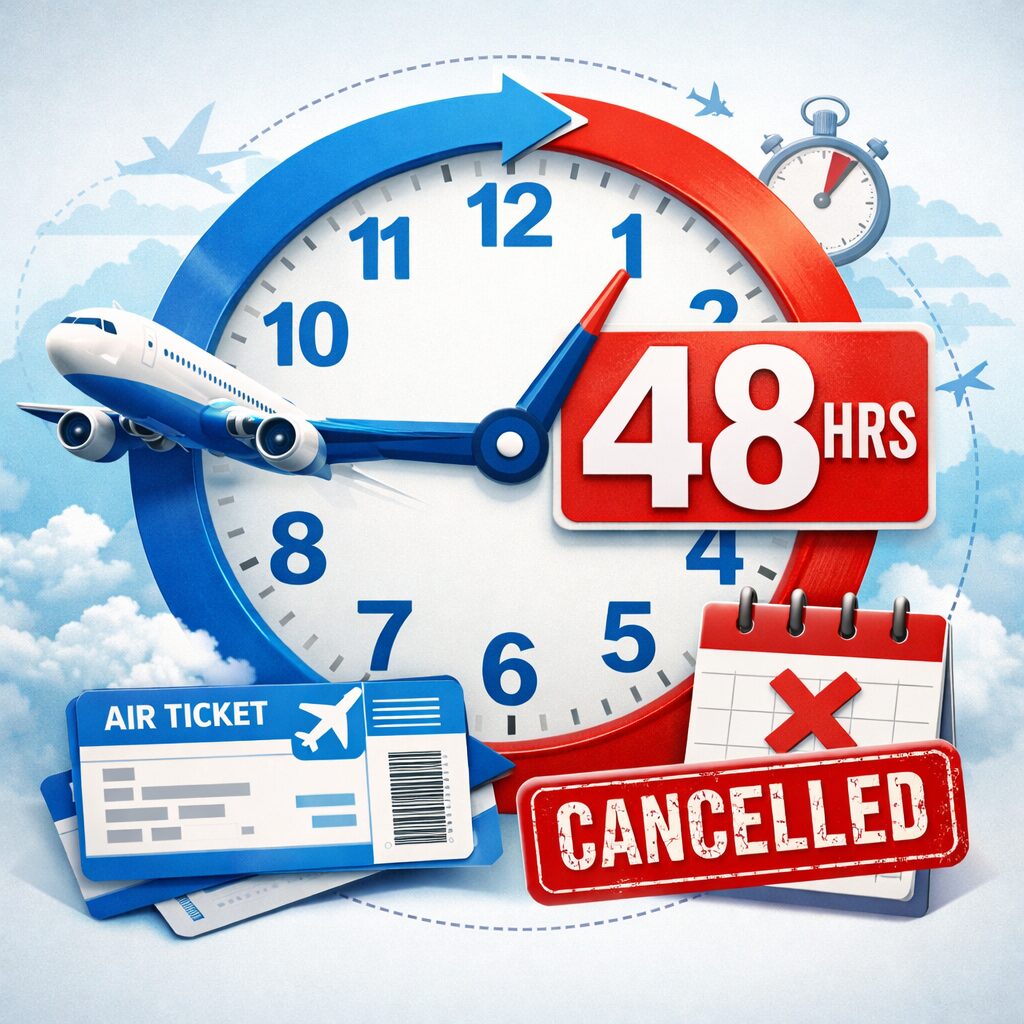 The image features a large clock with blue and red arrows, indicating a 48-hour period. An airplane is flying across the clock, symbolizing air travel. Below the clock, there is an air ticket and a calendar with a red "X" mark. The word "CANCELLED" is prominently displayed in red, suggesting a flight cancellation. The background includes clouds and silhouettes of airplanes.