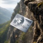 A credit card is depicted falling off the edge of a rocky cliff. The background shows a blurred view of a mountainous landscape with greenery. The card is an American Express Travel card, and there are small rocks and debris in the air around it.