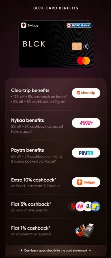 The image shows a promotional graphic for a "BLCK" card, featuring various benefits. At the top, there is an image of the card with logos for Swiggy and HDFC Bank. Below, the benefits are listed: - **Cleartrip benefits**: 19% off + 5% cashback on hotels, 6% off + 5% cashback on flights. - **Nykaa benefits**: 5% off + 5% cashback across all Nykaa apps. - **Paytm benefits**: 6% off + 5% cashback on flights and buses booked via Paytm. - **Extra 10% cashback**: on Food, Instamart, and Dineout. - **Flat 5% cashback**: on online spends. - **Flat 1% cashback**: on all other spends. The bottom note mentions that cashback goes directly into the card statement. Various brand logos are displayed next to the benefits.
