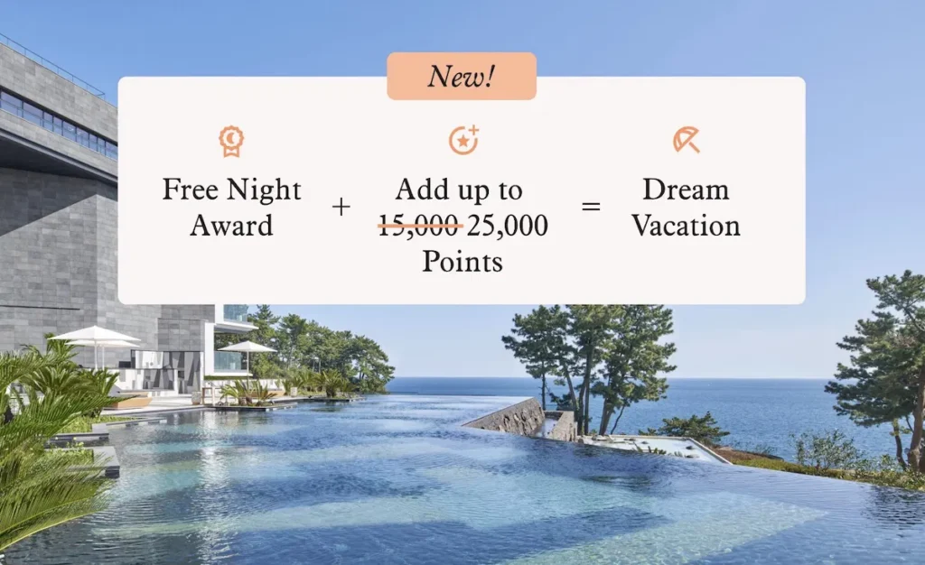The image features a scenic view of an infinity pool overlooking the ocean, surrounded by trees and a modern building. Overlaid on the image is a promotional graphic with text that reads: "New! Free Night Award + Add up to 25,000 Points = Dream Vacation." The text suggests a travel or hotel promotion.