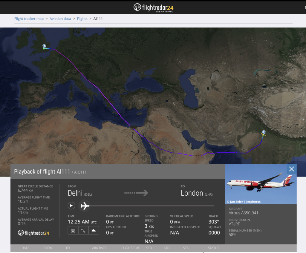 The image is a screenshot from Flightradar24 showing the flight path of Air India flight AI111 from Delhi to London. The map displays the route in purple, crossing over parts of Asia and Europe. Below the map, flight details are provided, including the great circle distance of 6,744 km, average flight time of 10:24, and actual flight time of 11:05. The aircraft is an Airbus A350-941 with registration VT-JRF. Additional information includes the flight's departure and arrival airports, barometric altitude, ground speed, and track. An image of the aircraft is also shown.