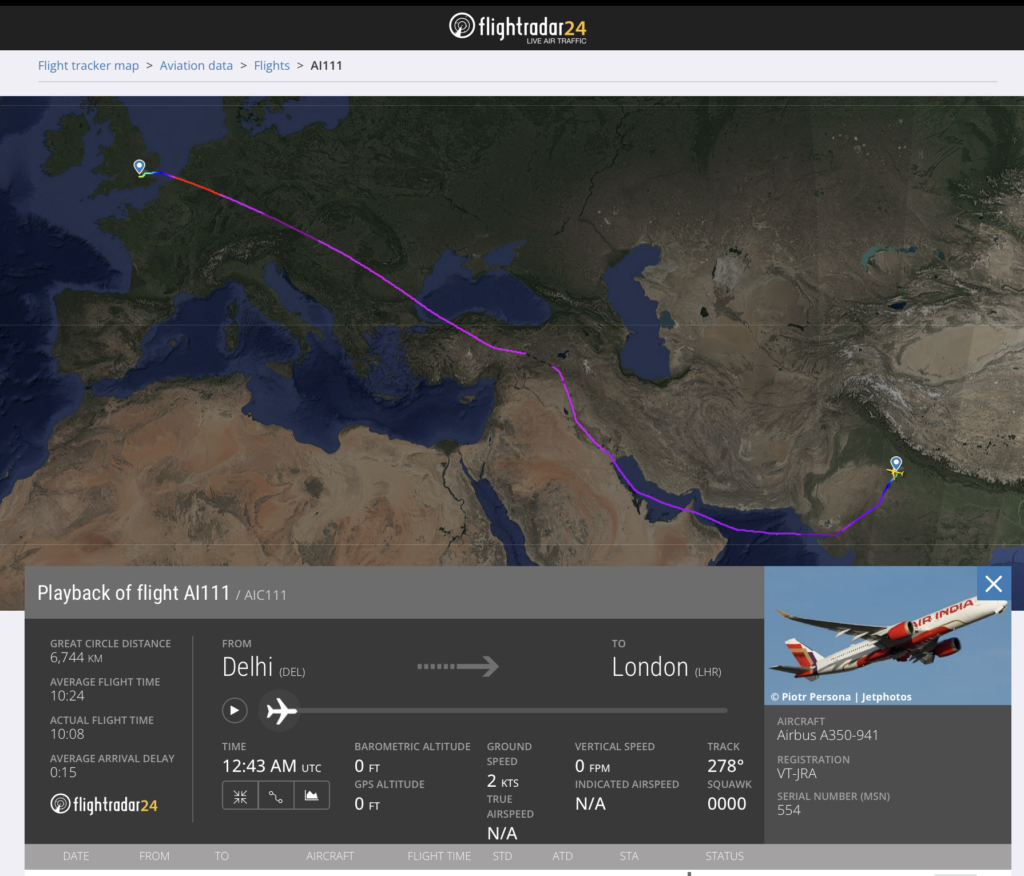 The image is a screenshot from Flightradar24 showing the flight path of Air India flight AI111 from Delhi (DEL) to London (LHR). The map displays the route taken by the flight, marked with a purple line across several countries. The bottom section provides flight details, including the great circle distance of 6,744 km, average flight time of 10 hours and 24 minutes, and actual flight time of 10 hours and 8 minutes. The aircraft is an Airbus A350-941 with registration VT-JRA. The image also includes a photo of the aircraft.