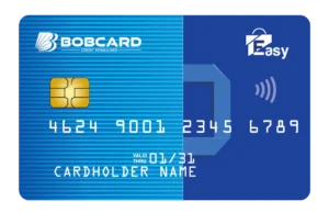 This image shows a blue credit card with the brand name "BOBCARD" and the slogan "Credit Reimagined" on the left side. It features a gold chip and a card number "4624 9001 2345 6789." The card is valid through 01/31, and the placeholder text "CARDHOLDER NAME" is displayed. On the right side, there is a contactless payment symbol and a logo with the word "Easy."