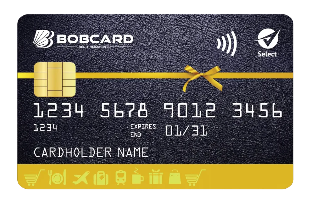 The image shows a credit card with a dark textured background and a yellow ribbon design across the middle. The card features a chip on the left side and displays a card number, expiration date, and placeholder text for the cardholder's name. The top left corner has a logo and the words "CREDIT REIMAGINED." The top right corner shows contactless payment and a "Select" logo. The bottom has icons representing shopping, dining, travel, and gifts.