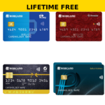 The image shows four different credit cards labeled "BOBCARD" with various designs and features. The top of the image has a yellow banner with the text "LIFETIME FREE." The cards are labeled as "Easy," "Premier," "Select," and "Eterna," each with distinct colors and patterns. They all have a chip and contactless payment symbol, with placeholder text for the cardholder's name and card numbers.