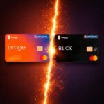 The image shows two credit cards side by side with a bright, fiery line separating them. The card on the left is orange with the text "Swiggy" and "ornge," and the card on the right is black with the text "Swiggy" and "BLCK." Both cards have the HDFC Bank logo and a Mastercard logo. The background is dark with a glowing effect around the dividing line.