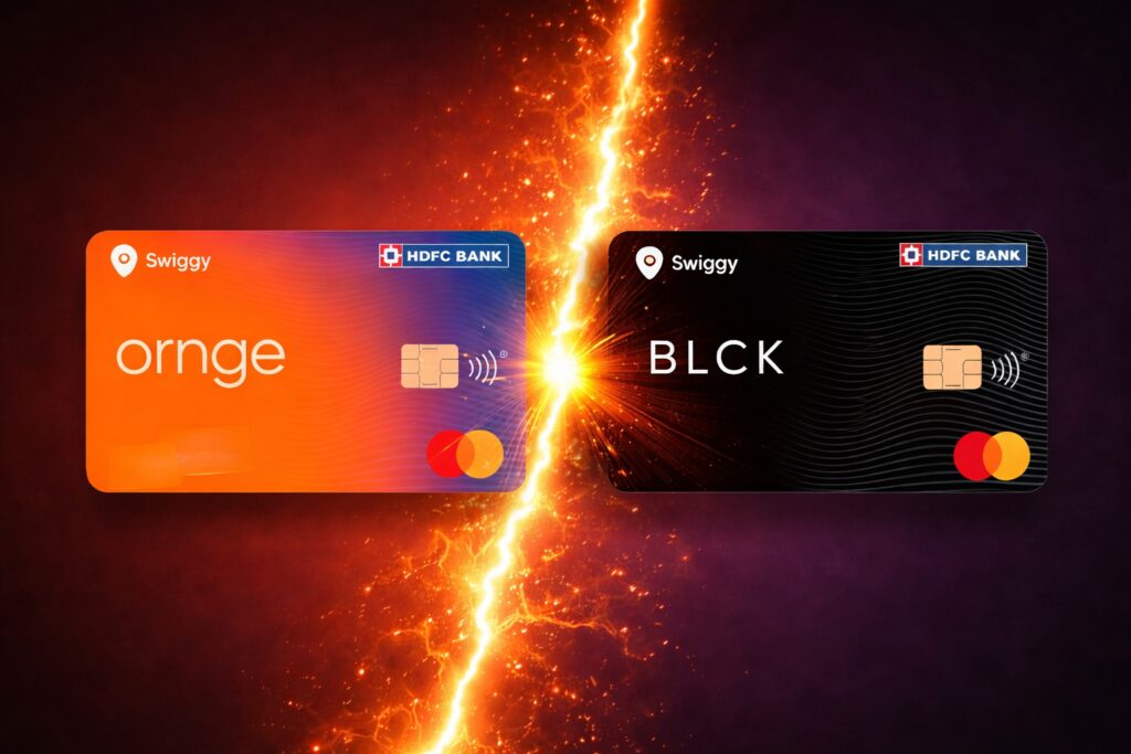 The image shows two credit cards side by side with a bright, fiery lightning effect between them. The card on the left is orange with the text "Swiggy" and "ornge," and the card on the right is black with the text "Swiggy" and "BLCK." Both cards have the HDFC Bank logo and a Mastercard logo.